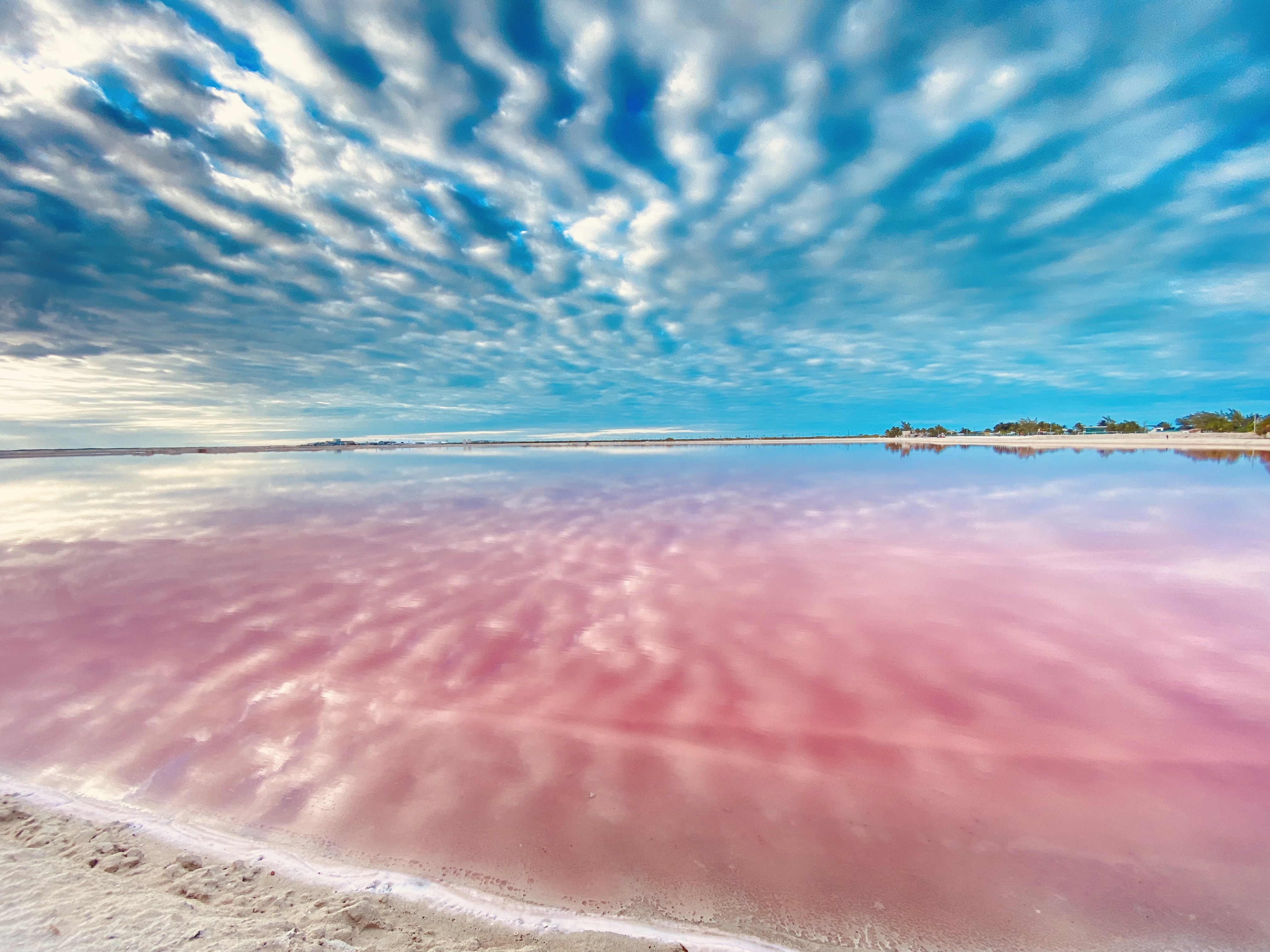 Pink lake with blue sky in Mexico