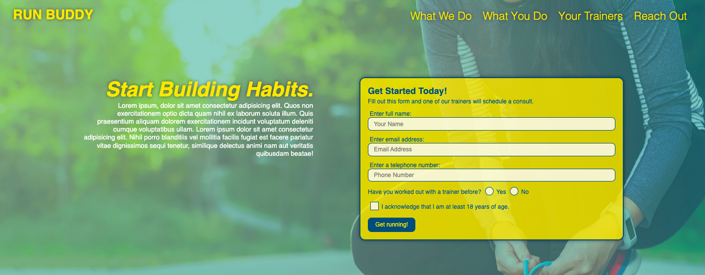 Run Buddy homepage screen capture saying Start Building Habits