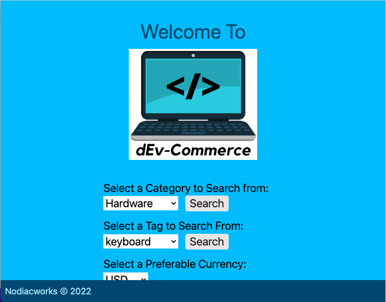 dEv-Commerce homepage screen capture showing a logo with a computer and coding icon and search form